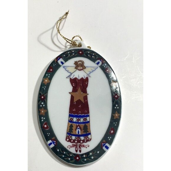 Christmas Ornament Oval Ceramic Angel Stars By Cynthia Madrid Folk Art READ - Picture 2 of 6